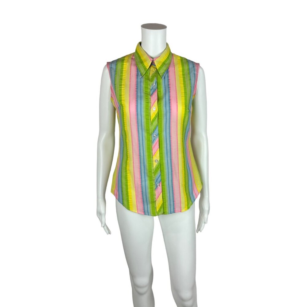 Vintage 70s Pastel Top Women's Medium Sleeveless Button Down Striped Blouse